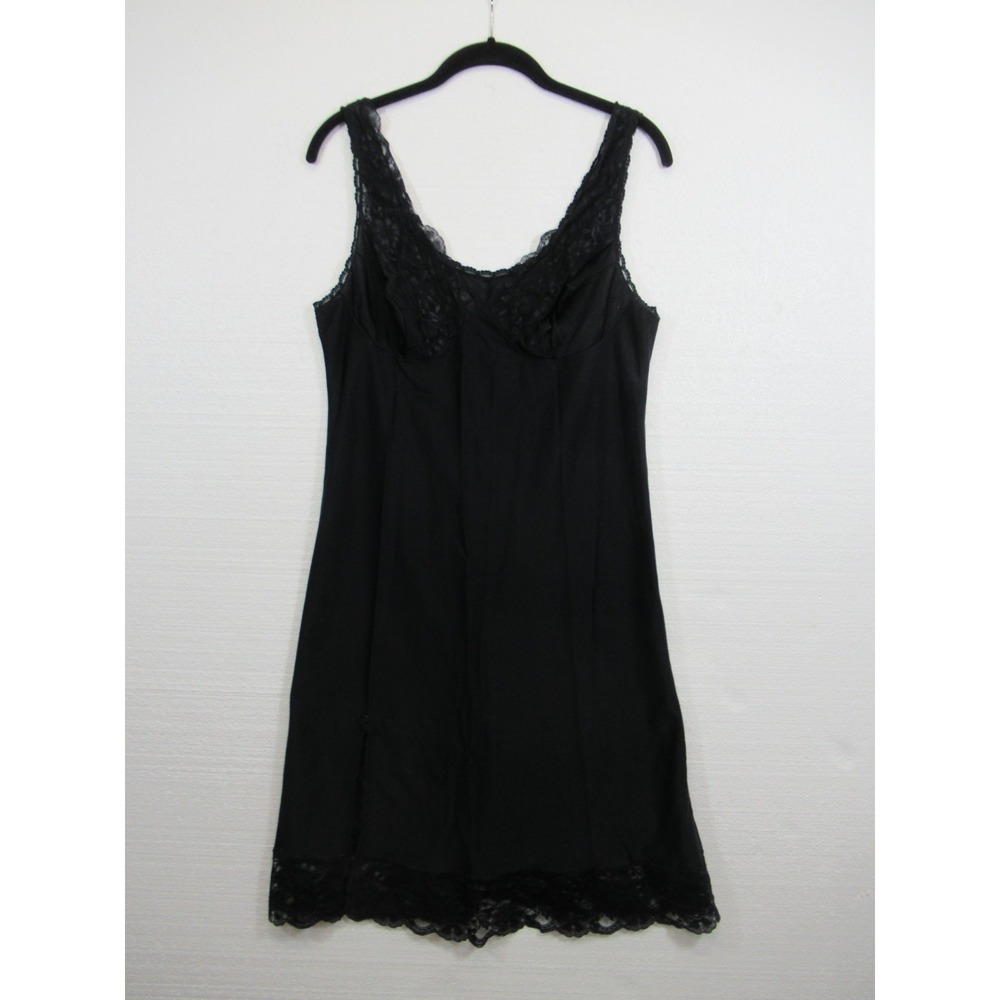 Vintage Kayser Satin Full Dress Slip Women 38 Black Nylon Lace Trim